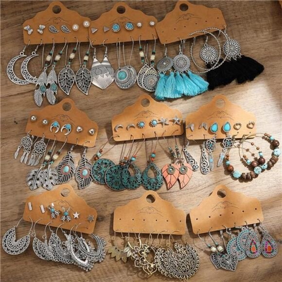 45 Pairs Vintage Silver Drop Dangle Earrings Set for Women Bohemian Bronze - Picture 6 of 7